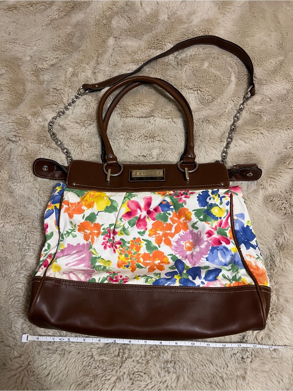 Chaps Floral Canvas Tote with Brown Trim
